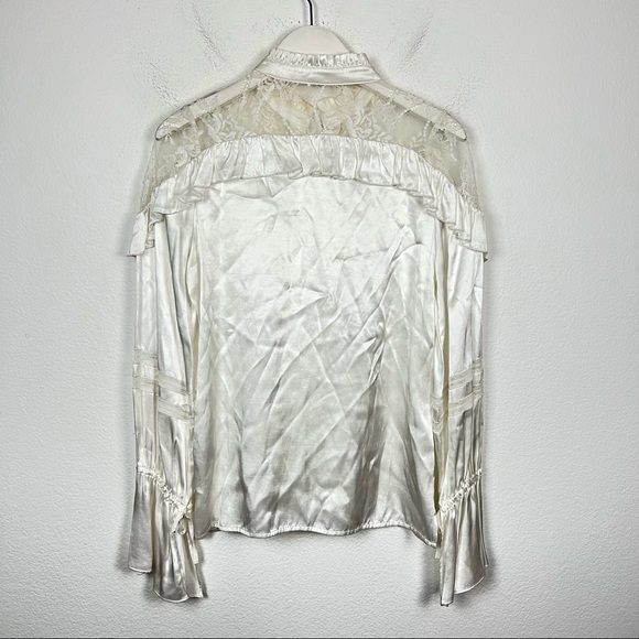 Divine Heritage Satin Lace Inset Ruffle Blouse White Long Sleeve Button Down Top - Picture 7 of 9